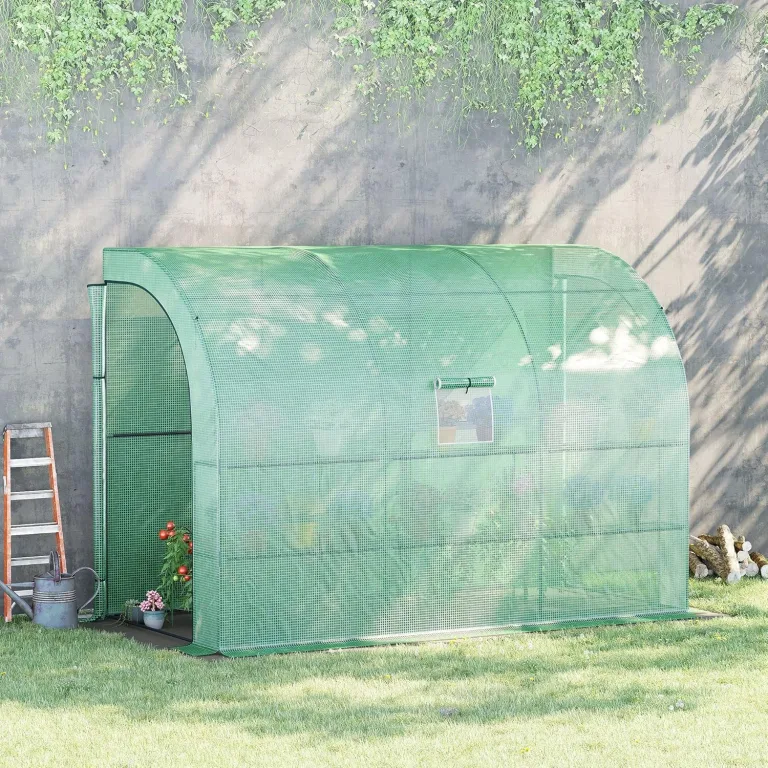 Outsunny Gewächshaus mit Regale Fenster, winterfest Foliengewächshaus aus Stahl, wandmontiert Treibhaus für Balkon, Garten, Tomatenhaus 300x150x213cm Tomatengewächshaus für Gemüse Blumen Pflanzen Grün – Bild 2
