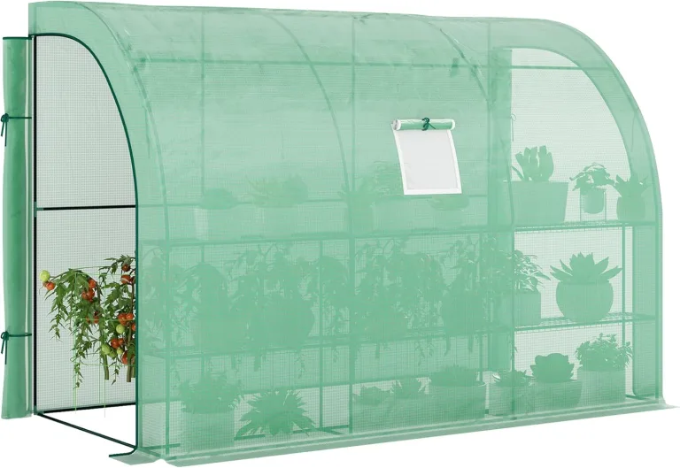 Outsunny Gewächshaus mit Regale Fenster, winterfest Foliengewächshaus aus Stahl, wandmontiert Treibhaus für Balkon, Garten, Tomatenhaus 300x150x213cm Tomatengewächshaus für Gemüse Blumen Pflanzen Grün – Bild 1