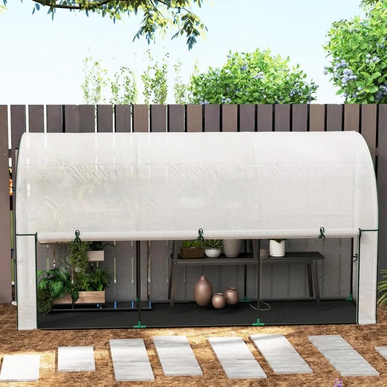 Outsunny Gewächshaus mit Rolltür, Winterfest Foliengewächshaus aus Stahl, Treibhaus für Balkon, Garten, Tomatenhaus mit UV Schutz 200x80x157cm Tomatengewächshaus für Gemüse Blumen Pflanzen Weiß – Bild 9
