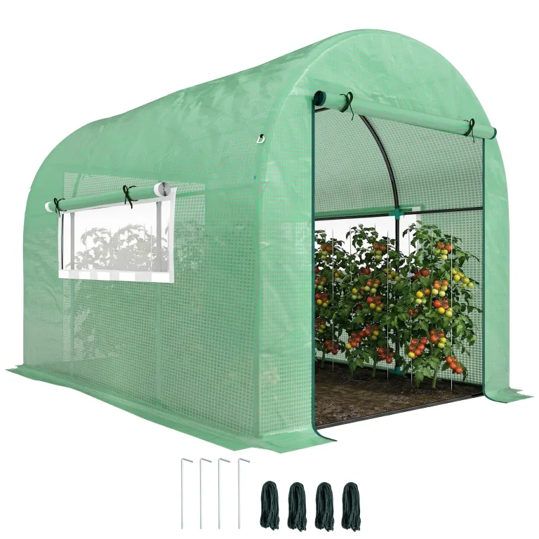 Outsunny 3 x 2 x 2 m Folientunnel Gewächshaus mit Türen und Netzfenstern, begehbares Wachstumshauszelt mit UV-beständiger PE-Abdeckung und Stahlrahmen, Grün