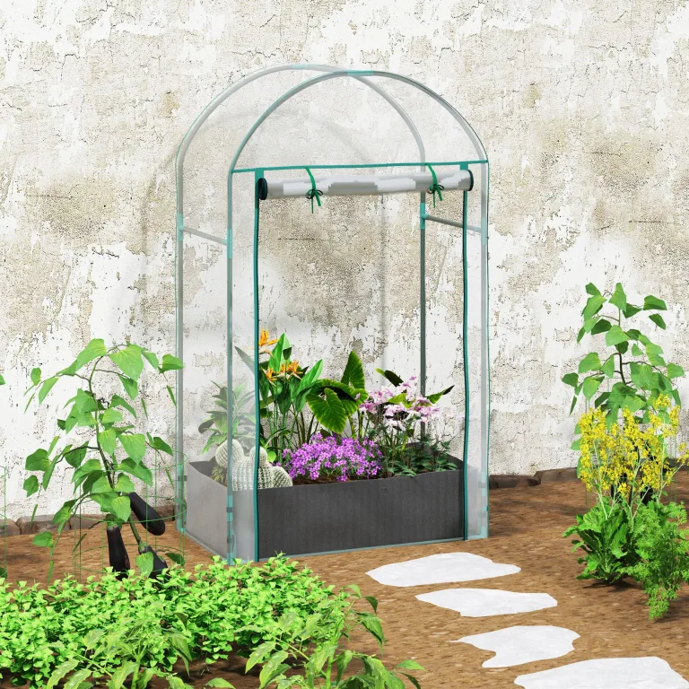 Outsunny Mini-Gewächshaus Gartengewächshaus Balkongewächshaus mit Pflanzsack und verstärkter Kunststoffhülle, Wintergewächshaus mit Rolltür, für Gemüse, Blumen, 89 x 50 x 152 cm, transparent – Bild 9