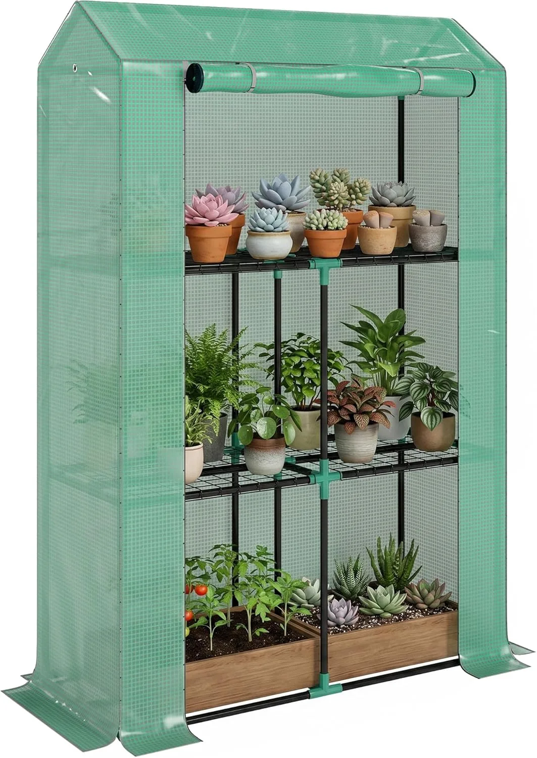 Outsunny Gewächshaus mit Regale Rolltür, winterfest Foliengewächshaus aus Stahl, Treibhaus für Balkon, Garten, Tomatenhaus mit UV schutz 100x40x150cm Tomatengewächshaus für Gemüse Blumen Pflanzen Grün - Bild 1