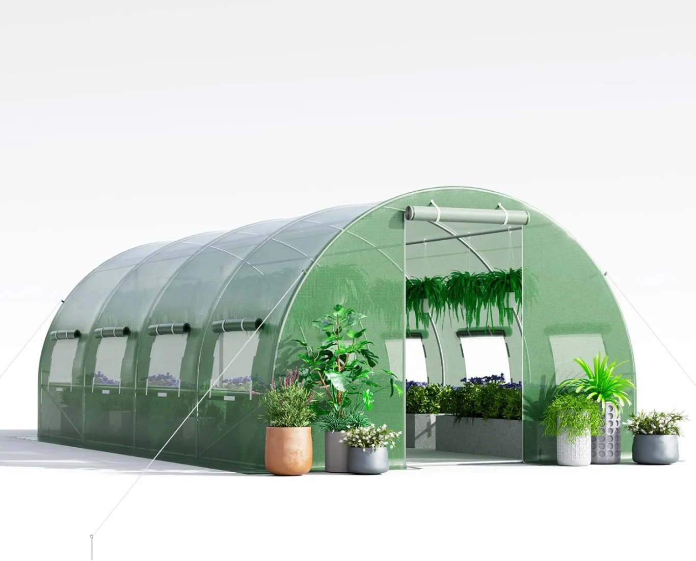 COSTWAY Gewächshaus, 6x3x2m|18m², Foliengewächshaus mit Metallgestell, Treibhaus mit 10 aufrollbaren Netzfenstern & 2 Reißverschlusstüren, Garten Folientunnel, für Tomaten Blumen Obst Gemüse, Grün - Bild 1