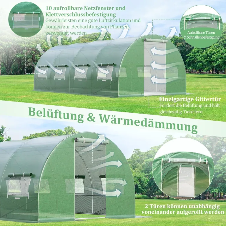 COSTWAY Gewächshaus, 6x3x2m|18m², Foliengewächshaus mit Metallgestell, Treibhaus mit 10 aufrollbaren Netzfenstern & 2 Reißverschlusstüren, Garten Folientunnel, für Tomaten Blumen Obst Gemüse, Grün – Bild 4
