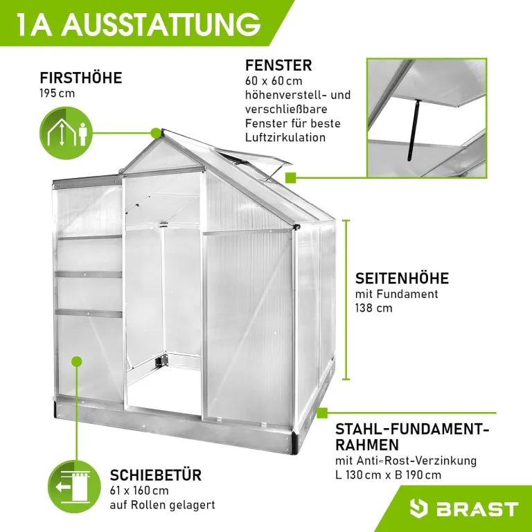 BRAST Gewächshaus Aluminium mit Fundament | 42 Modelle | 130x190x195cm - 490x250x235cm | TÜV geprüft | 6mm Hohlkammerplatten | rostfrei wetterfest temperaturbeständig | 130x190x195cm Silber – Bild 6