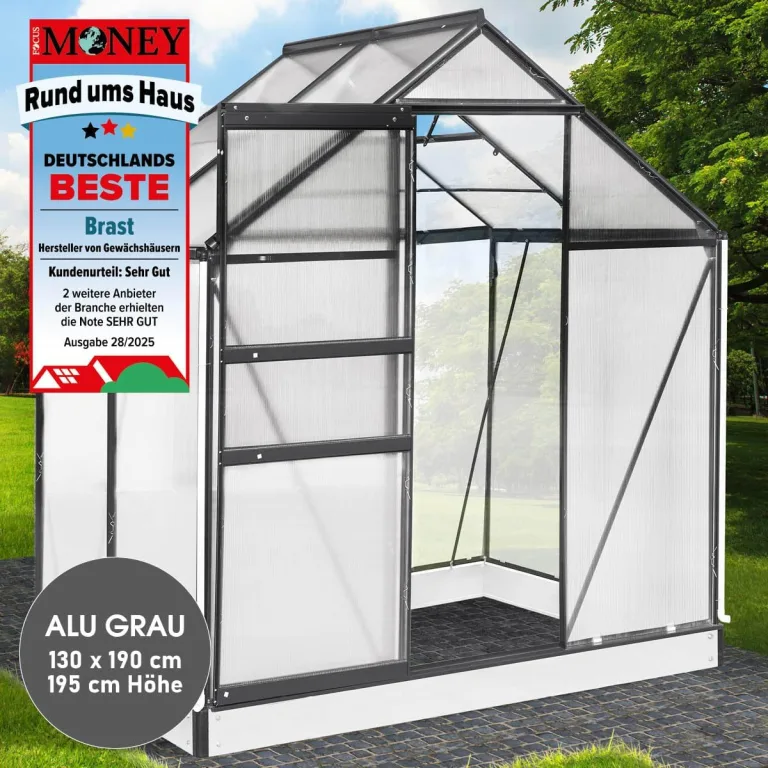 BRAST Gewächshaus Aluminium mit Fundament | 42 Modelle | 130x190x195cm - 490x250x235cm | TÜV geprüft | 6mm Hohlkammerplatten | rostfrei wetterfest temperaturbeständig | 130x190x195cm Grau – Bild 3