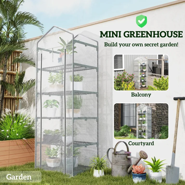 Outsunny Mini-Gewächshaus mit 5 Ebenen, tragbares Gewächshaus mit verstärkter PE-Abdeckung, Garten-Gewächshaus mit aufrollbarer Tür und Regalen, 69 x 49 x 193 cm, Weiß/Grau – Bild 5