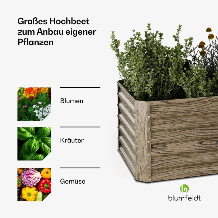 Blumfeldt High Grow Straight Hochbeet, Ergonomisches 972L Hochbeet Metall Holzoptik, Wetterfester Verzinkter Stahl Für Blumen, Kräuter & Gemüse – Rostbeständig, Offene Bodenstruktur & Einfache Montage – Bild 4