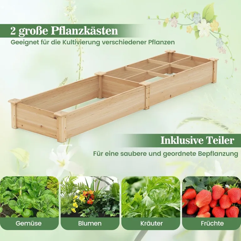 COSTWAY Hochbeet Holz, Gartenbeet mit 2 Pflanzkästen und Trennwänden, Kräuterbeet für Garten Balkon Hof Terrasse, Pflanzbeet Blumenbeet Tannenholz, 228 x 62 x 25 cm (Natur) – Bild 3