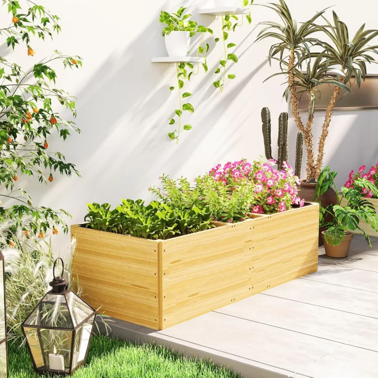 Outsunny Hochbeet aus Holz, Pflanzbeet Frühbeet mit 3 Pflanzzonen, Gartenbeet Blumenkasten, Pflanzkasten 140 x 60 x 40cm Gemüsebeet für Garten Balkon Terrasse, Pflanzkübel für Blumen, Pflanzen, Obst – Bild 8