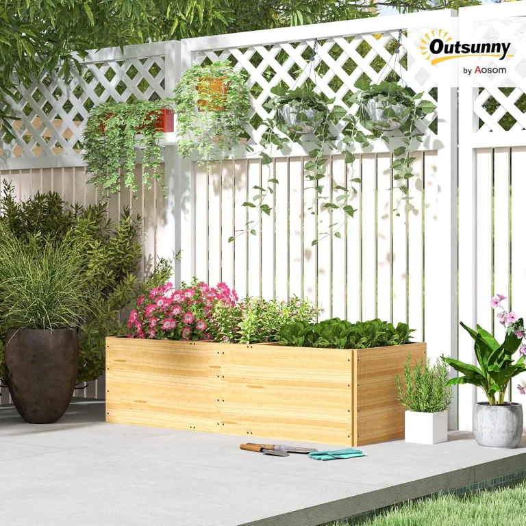 Outsunny Hochbeet aus Holz, Pflanzbeet Frühbeet mit 3 Pflanzzonen, Gartenbeet Blumenkasten, Pflanzkasten 140 x 60 x 40cm Gemüsebeet für Garten Balkon Terrasse, Pflanzkübel für Blumen, Pflanzen, Obst – Bild 2