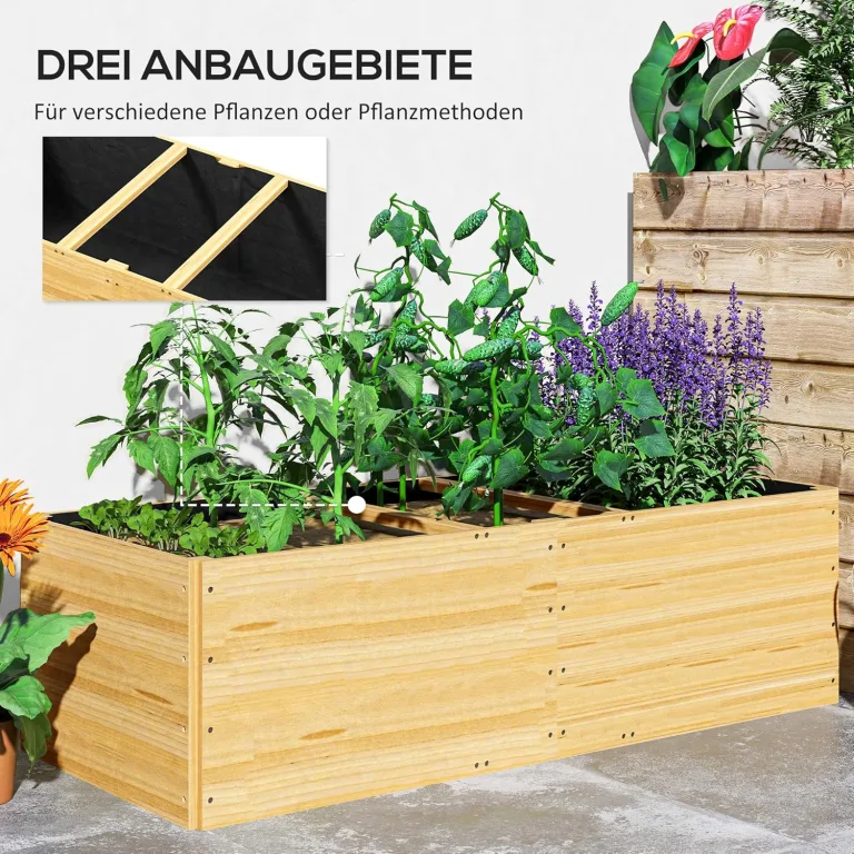 Outsunny Hochbeet aus Holz, Pflanzbeet Frühbeet mit 3 Pflanzzonen, Gartenbeet Blumenkasten, Pflanzkasten 140 x 60 x 40cm Gemüsebeet für Garten Balkon Terrasse, Pflanzkübel für Blumen, Pflanzen, Obst – Bild 3