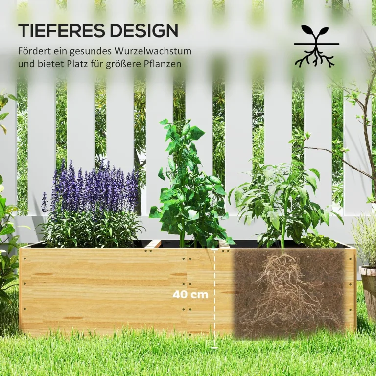 Outsunny Hochbeet aus Holz, Pflanzbeet Frühbeet mit 3 Pflanzzonen, Gartenbeet Blumenkasten, Pflanzkasten 140 x 60 x 40cm Gemüsebeet für Garten Balkon Terrasse, Pflanzkübel für Blumen, Pflanzen, Obst – Bild 4