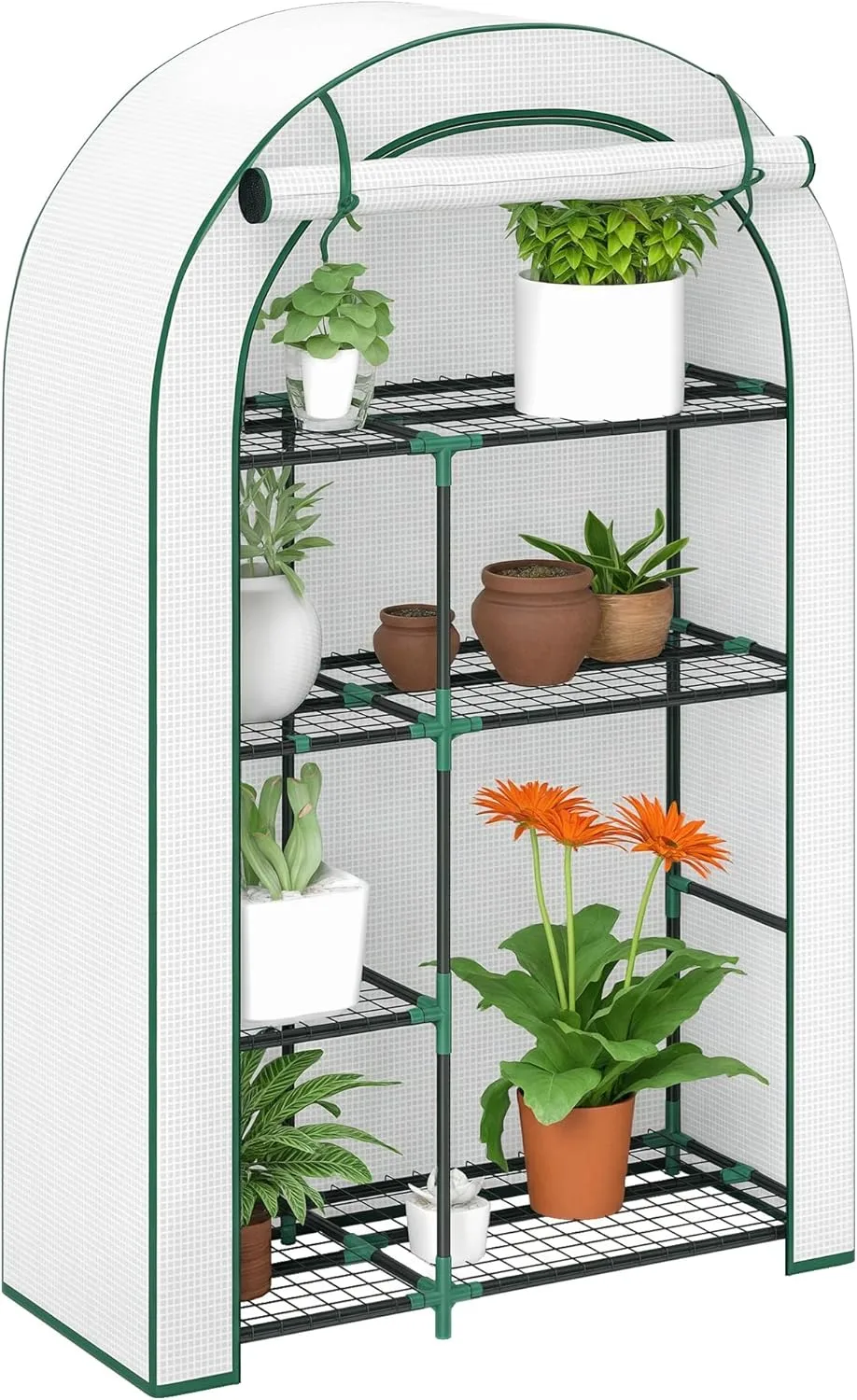 Outsunny Gewächshaus mit Runddach Tür, Regale, winterfest Foliengewächshaus aus Stahl, Treibhaus für Balkon, Garten, Tomatenhaus 100 x 45 x 160 cm, Tomatengewächshaus für Tomaten, Gemüse, Blumen, Weiß - Bild 1