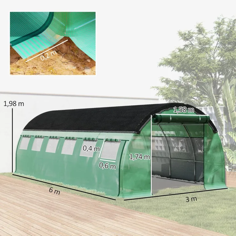 Outsunny Gewächshaus 6 x 3 x 2 m Foliengewächshaus mit 12 Fenster, Rolltüren, Aufrollbar Seitenwänden, UV-beständiger Folientunnel, Winterfest Tomatenhaus mit Erdanker, Grün – Bild 7