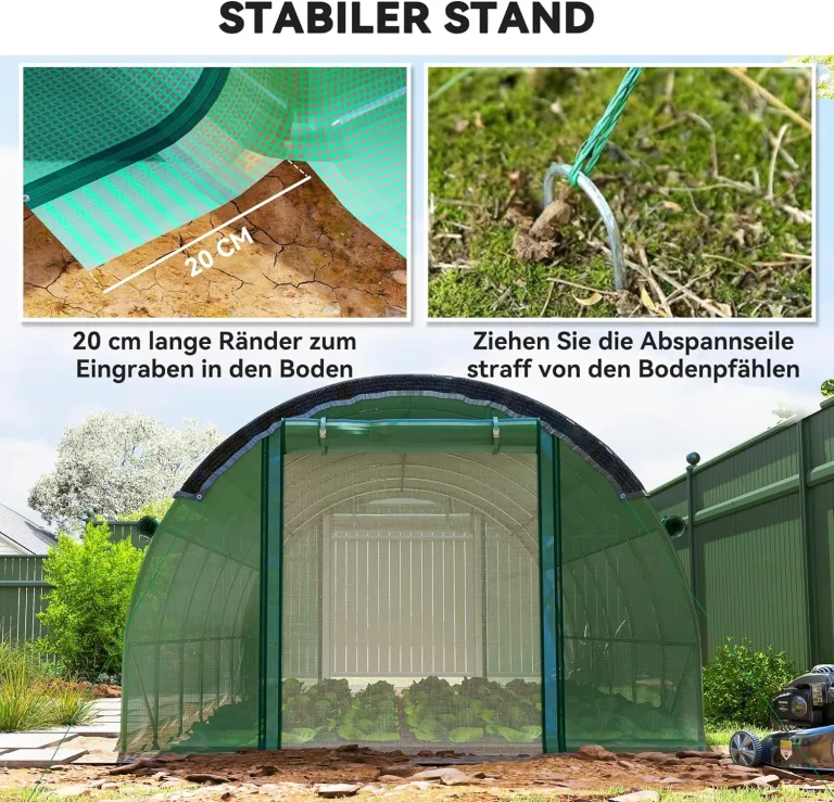 Outsunny Gewächshaus 6 x 3 x 2 m Foliengewächshaus mit 12 Fenster, Rolltüren, Aufrollbar Seitenwänden, UV-beständiger Folientunnel, Winterfest Tomatenhaus mit Erdanker, Grün – Bild 8