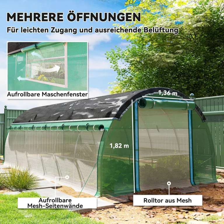 Outsunny Gewächshaus 6 x 3 x 2 m Foliengewächshaus mit 12 Fenster, Rolltüren, Aufrollbar Seitenwänden, UV-beständiger Folientunnel, Winterfest Tomatenhaus mit Erdanker, Grün – Bild 4