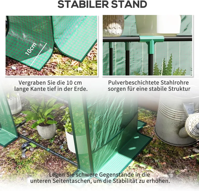 Outsunny Gewächshaus mit Pultdach Doppeltür, Regale, Winterfest Foliengewächshaus aus Stahl, Treibhaus für Balkon, Garten, Tomatenhaus 144 x 48 x 152 cm, Tomatengewächshaus für Tomaten, Gemüse, Grün – Bild 6