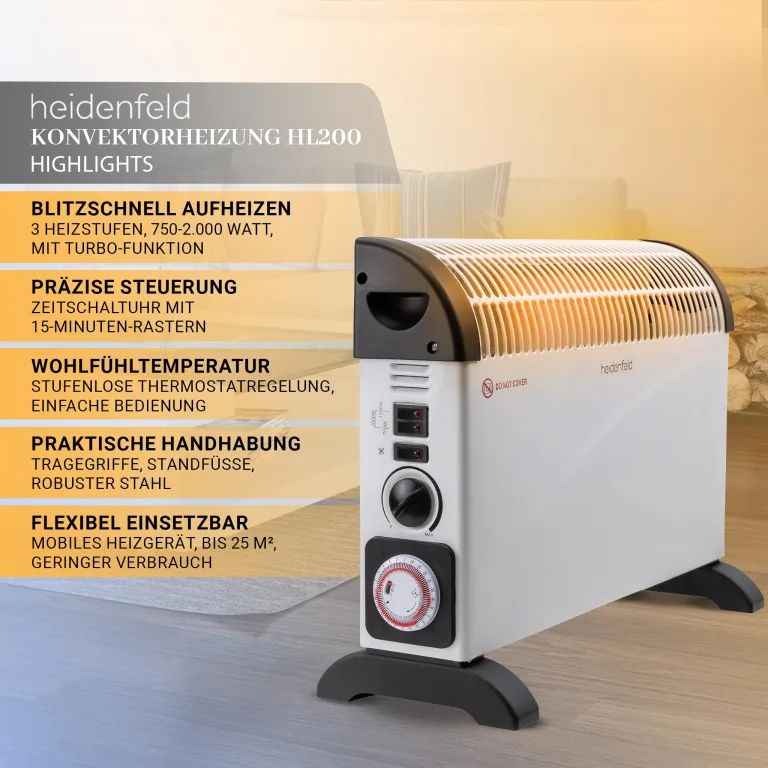 Heidenfeld elektrische Konvektorheizung HL200 | ???? ???????????????????? ???????????????????????????????? - 2000 Watt - Konvektor - Thermostat - Frostwächter - Elektroheizung - Heizung - Heizlüfter - Bis 25 m² (Mit Turbo) – Bild 2