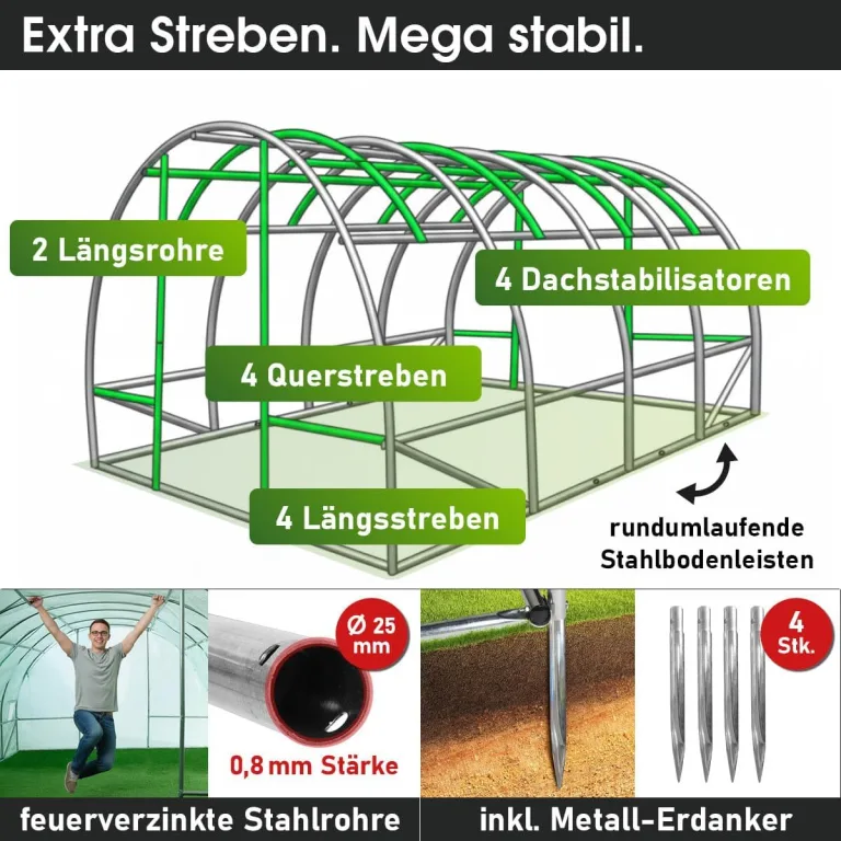 BRAST Gewächshaus Foliengewächshaus mit Stahlfundament | 2x3m - 3x8m | inkl. Erdanker Unkrautvlies & 8 Aufrollbare Fenster mit Moskitonetz | UV-stabilisierte Gitterschutzfolie 200g/m² | 300x400cm – Bild 5