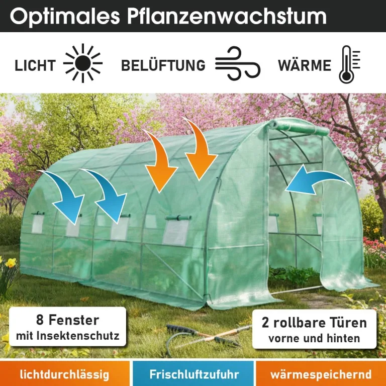 BRAST Gewächshaus Foliengewächshaus mit Stahlfundament | 2x3m - 3x8m | inkl. Erdanker Unkrautvlies & 8 Aufrollbare Fenster mit Moskitonetz | UV-stabilisierte Gitterschutzfolie 200g/m² | 300x400cm – Bild 7