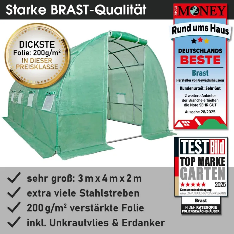 BRAST Gewächshaus Foliengewächshaus mit Stahlfundament | 2x3m - 3x8m | inkl. Erdanker Unkrautvlies & 8 Aufrollbare Fenster mit Moskitonetz | UV-stabilisierte Gitterschutzfolie 200g/m² | 300x400cm – Bild 8