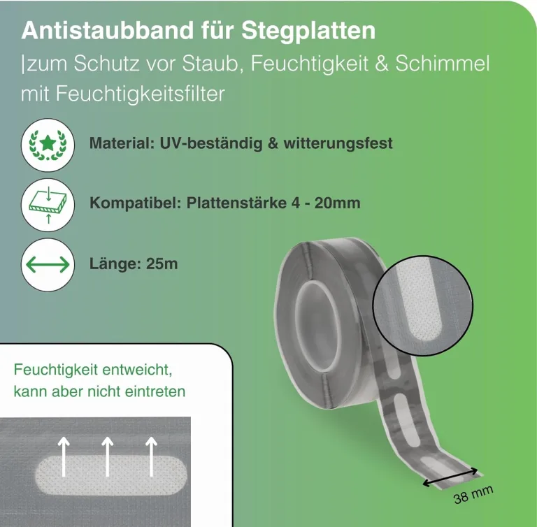 Antistaubband für Stegplatten I 38 mm x 25 m I Klebe-Tape zum Schutz vor Staub, Feuchtigkeit & Schimmel I für Doppelstegplatten 4-20 mm I Anti-Staub-Klebeband mit Feuchtigkeitsfilter – Bild 2