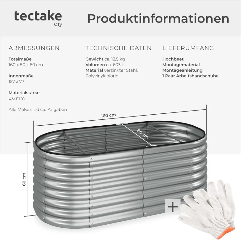 tectake® Hochbeet Metall, Hochbeete-Kit für Beet, Hochbeet Garten, wetterfest, Pflanzkasten, Kräuterbeet, Frühbeet, Gemüsebeet, Pflanzenbeet, zur Anzucht, als Blumenkasten - 603l, 160 x 80 x 60 cm – Bild 6