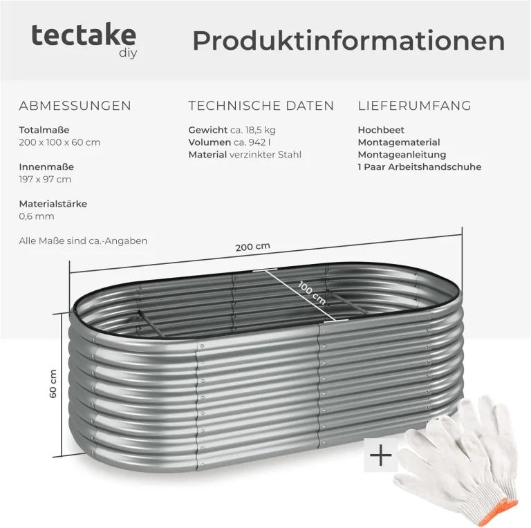 tectake® Hochbeet Metall, Hochbeete-Kit für Beet, Hochbeet Garten, wetterfest, Pflanzkasten, Kräuterbeet, Frühbeet, Gemüsebeet, Pflanzenbeet, zur Anzucht, als Blumenkasten - 942l, 200 x 100 x 60 cm – Bild 6