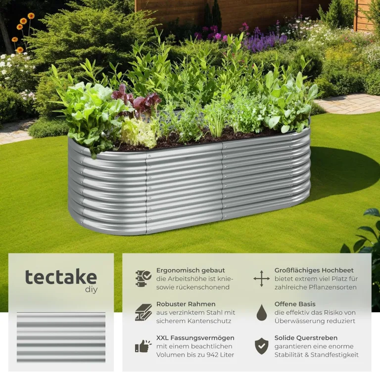 tectake® Hochbeet Metall, Hochbeete-Kit für Beet, Hochbeet Garten, wetterfest, Pflanzkasten, Kräuterbeet, Frühbeet, Gemüsebeet, Pflanzenbeet, zur Anzucht, als Blumenkasten - 942l, 200 x 100 x 60 cm – Bild 2