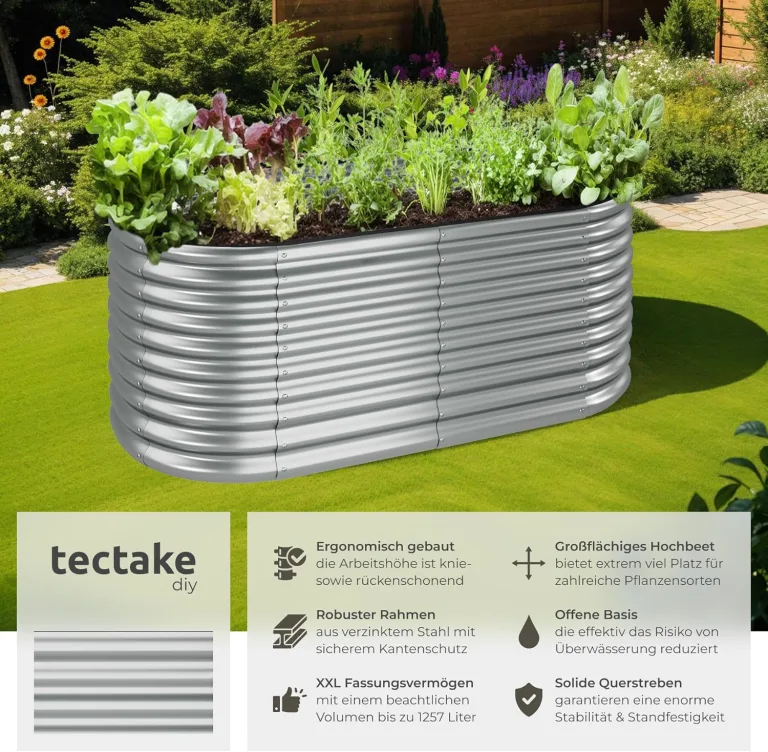 tectake® Hochbeet Metall, Hochbeete-Kit für Beet, Hochbeet Garten, wetterfest, Pflanzkasten, Kräuterbeet, Frühbeet, Gemüsebeet, Pflanzenbeet, zur Anzucht, als Blumenkasten - 1257l, 200 x 100 x 80 cm – Bild 2