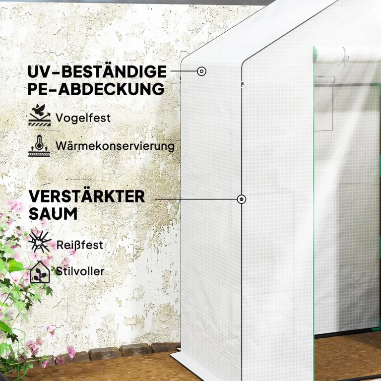 Outsunny Gewächshaus mit Rolltür, Fenster, Regale, Winterfest Foliengewächshaus aus Stahl, Treibhaus für Balkon, Garten, Tomatenhaus 143 x 74 x 190 cm, Tomatengewächshaus für Tomaten, Gemüse, Weiß – Bild 4