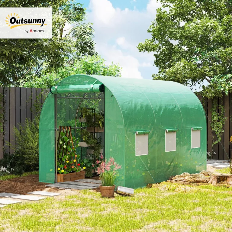 Outsunny Gewächshaus 200x300x200cm Foliengewächshaus Tomatenhaus mit Tür, 6 Fenster, Folientunnel aus verzinktem Stahl, 170g/m² PE, stabiles pflanztunnel, Treibhaus inkl. Erdanker & Seilen, Grün – Bild 2