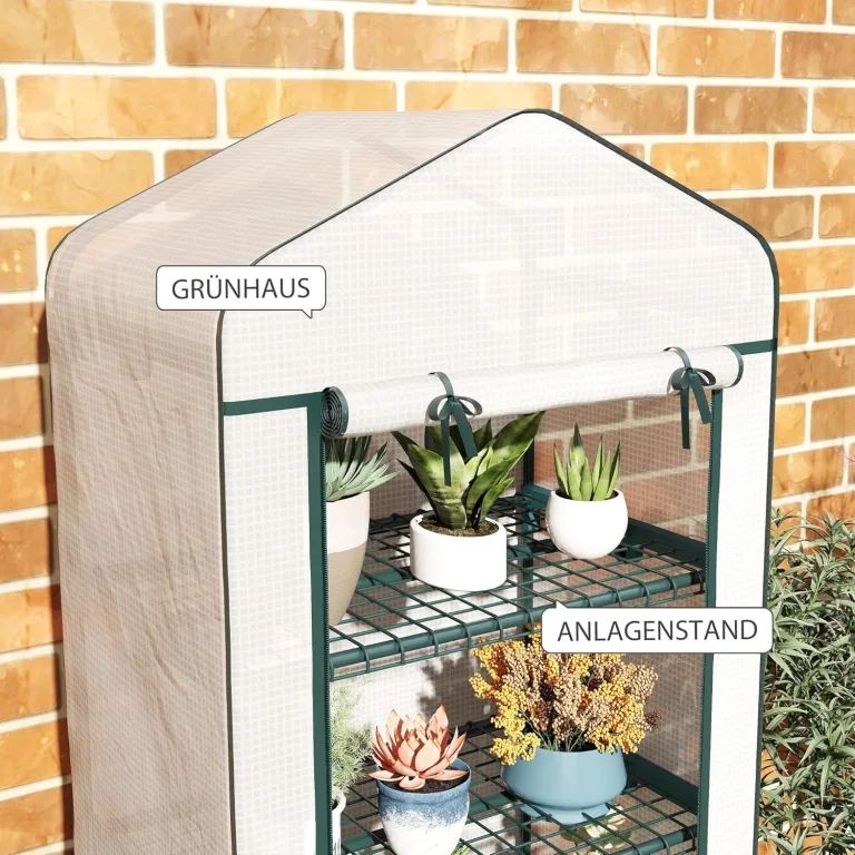 Outsunny Gewächshaus mit Rolle, Regale, Winterfest Foliengewächshaus aus Stahl, Treibhaus für Balkon, Garten, Tomatenhaus 69 x 50 x 165 cm, Tomatengewächshaus für Tomaten, Blumen, Pflanzen Weiß – Bild 6