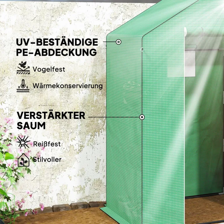 Outsunny Gewächshaus mit Rolltür, Fenster, Regale, Winterfest Foliengewächshaus aus Stahl, Treibhaus für Balkon, Garten, Tomatenhaus 143 x 74 x 190 cm, Tomatengewächshaus für Tomaten, Gemüse, Grün – Bild 4