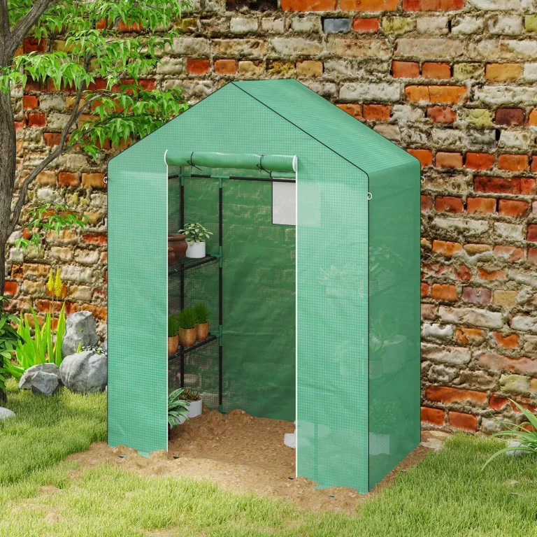 Outsunny Gewächshaus mit Rolltür, Fenster, Regale, Winterfest Foliengewächshaus aus Stahl, Treibhaus für Balkon, Garten, Tomatenhaus 143 x 74 x 190 cm, Tomatengewächshaus für Tomaten, Gemüse, Grün – Bild 8