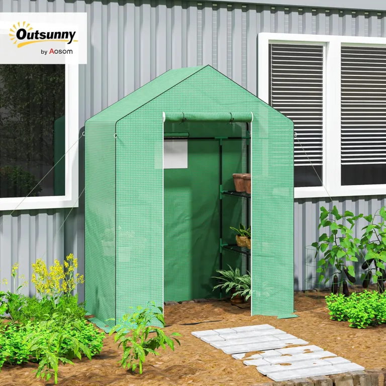 Outsunny Gewächshaus mit Rolltür, Fenster, Regale, Winterfest Foliengewächshaus aus Stahl, Treibhaus für Balkon, Garten, Tomatenhaus 143 x 74 x 190 cm, Tomatengewächshaus für Tomaten, Gemüse, Grün – Bild 2