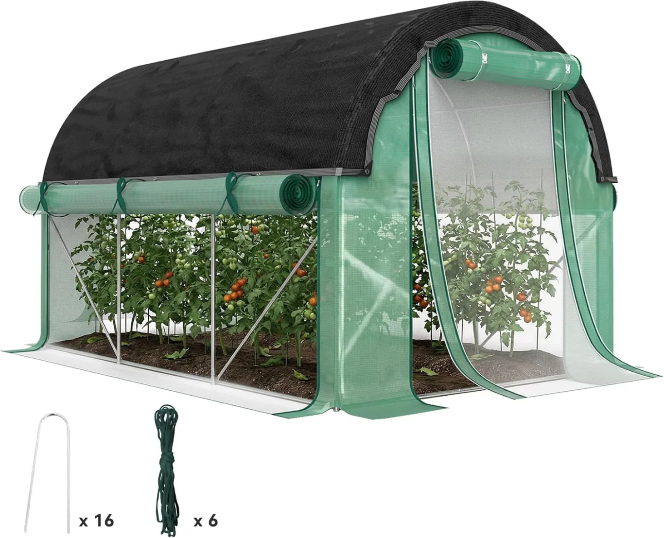 Outsunny Gewächshaus 3 x 2 x 2 m Foliengewächshaus mit 6 Fenster, Rolltüren, Aufrollbar Seitenwänden, UV-beständiger Folientunnel, Winterfest Tomatenhaus mit Erdanker, Grün - Bild 1