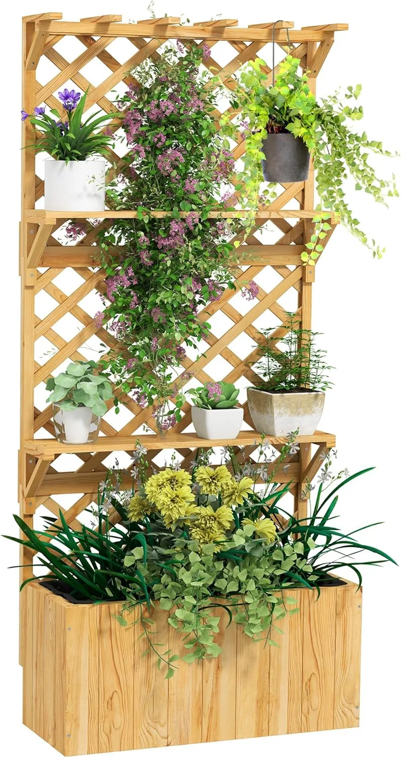 Outsunny Hochbeet mit Spalier, Blumenhochbeet aus Tanneholz, Pflanzbeet mit Rankgitter, Frühbeet mit Regale, Gartenbeet Pflanzkübel Pflanzkasten für Terrasse, Garten, 76 x 33 x 177 cm - Bild 1