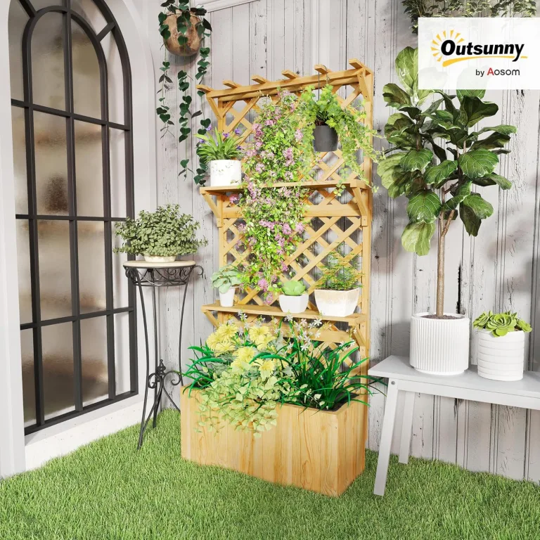 Outsunny Hochbeet mit Spalier, Blumenhochbeet aus Tanneholz, Pflanzbeet mit Rankgitter, Frühbeet mit Regale, Gartenbeet Pflanzkübel Pflanzkasten für Terrasse, Garten, 76 x 33 x 177 cm – Bild 2
