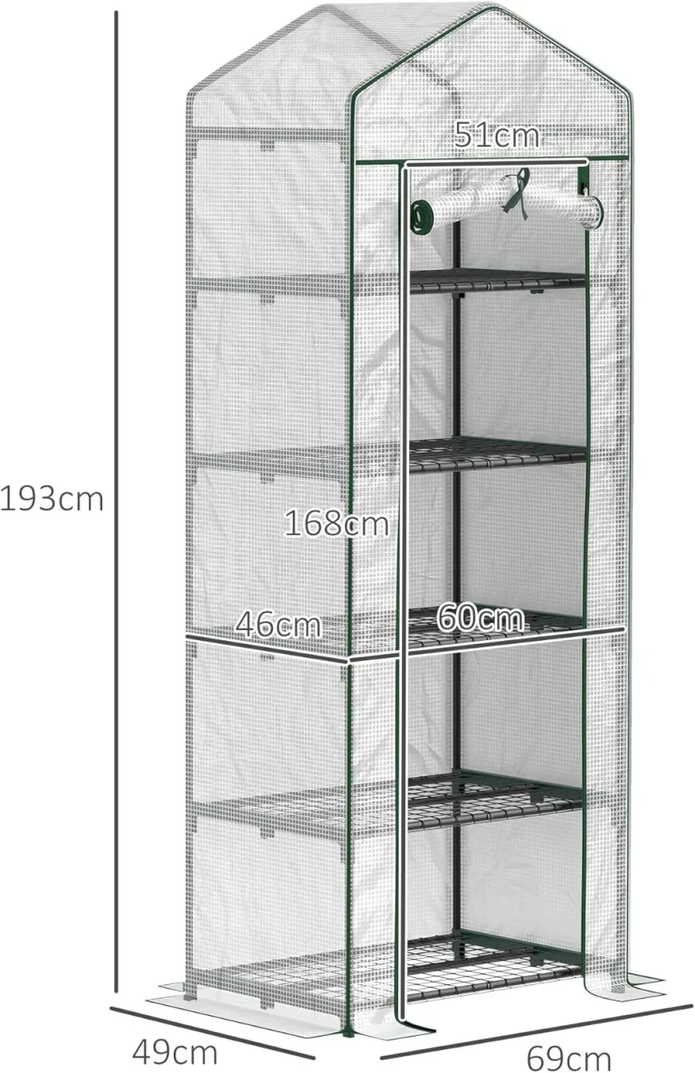 Outsunny Gewächshaus mit Rolltür, Regale, Winterfest Foliengewächshaus aus Stahl, Treibhaus für Balkon, Garten, Tomatenhaus 69 x 49 x 193 cm, Tomatengewächshaus für Tomaten, Blumen, Weiß – Bild 7