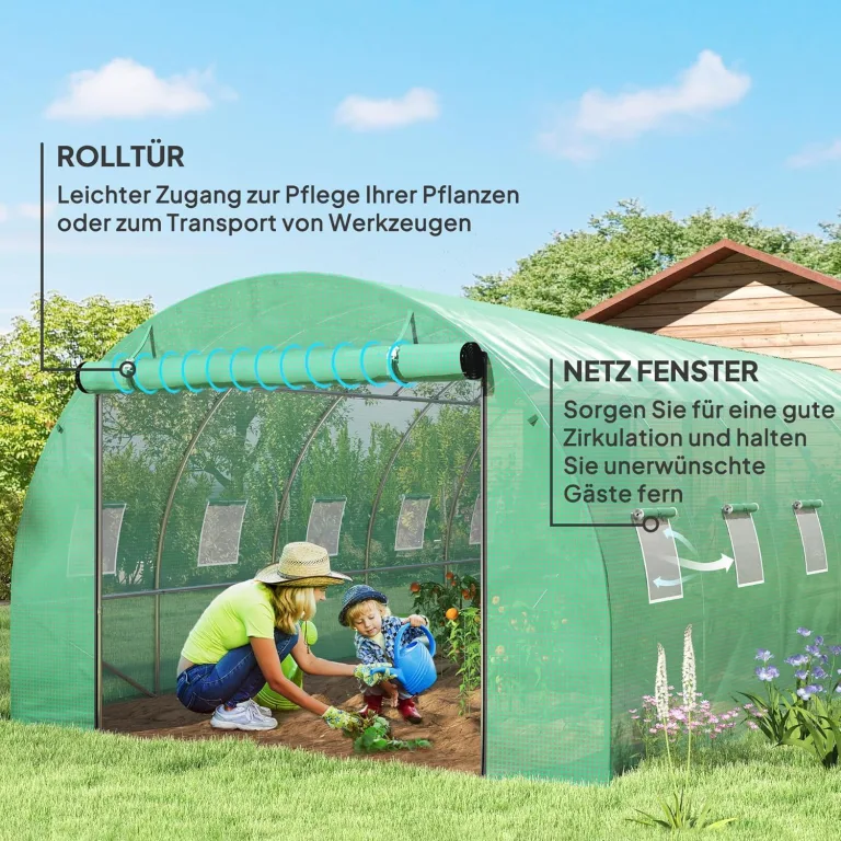 Outsunny Gewächshaus 300x600x200cm Foliengewächshaus Tomatenhaus mit Tür, 12 Fenster, Folientunnel aus verzinktem Stahl, 170g/m² PE, stabiles pflanztunnel, Treibhaus inkl. Erdanker & Seilen, Grün – Bild 5
