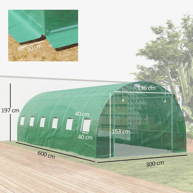 Outsunny Gewächshaus 300x600x200cm Foliengewächshaus Tomatenhaus mit Tür, 12 Fenster, Folientunnel aus verzinktem Stahl, 170g/m² PE, stabiles pflanztunnel, Treibhaus inkl. Erdanker & Seilen, Grün – Bild 7