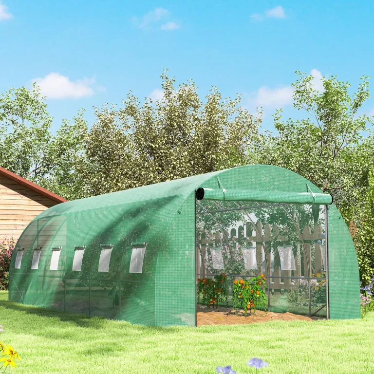 Outsunny Gewächshaus 300x600x200cm Foliengewächshaus Tomatenhaus mit Tür, 12 Fenster, Folientunnel aus verzinktem Stahl, 170g/m² PE, stabiles pflanztunnel, Treibhaus inkl. Erdanker & Seilen, Grün – Bild 9