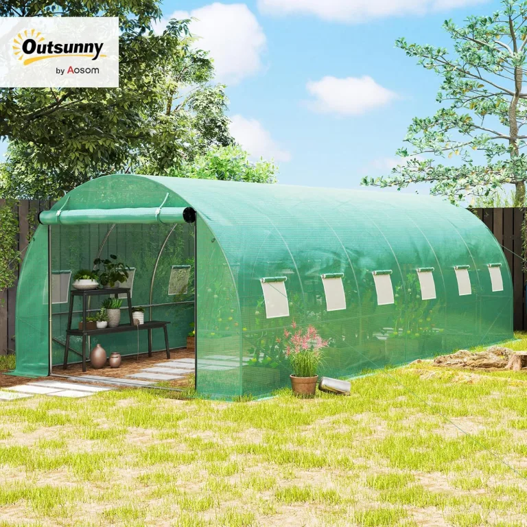 Outsunny Gewächshaus 300x600x200cm Foliengewächshaus Tomatenhaus mit Tür, 12 Fenster, Folientunnel aus verzinktem Stahl, 170g/m² PE, stabiles pflanztunnel, Treibhaus inkl. Erdanker & Seilen, Grün – Bild 2