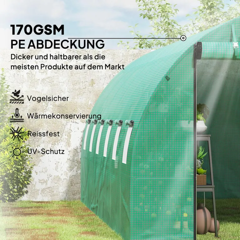 Outsunny Gewächshaus 300x600x200cm Foliengewächshaus Tomatenhaus mit Tür, 12 Fenster, Folientunnel aus verzinktem Stahl, 170g/m² PE, stabiles pflanztunnel, Treibhaus inkl. Erdanker & Seilen, Grün – Bild 3