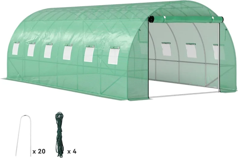 Outsunny Gewächshaus 300x600x200cm Foliengewächshaus Tomatenhaus mit Tür, 12 Fenster, Folientunnel aus verzinktem Stahl, 170g/m² PE, stabiles pflanztunnel, Treibhaus inkl. Erdanker & Seilen, Grün – Bild 1