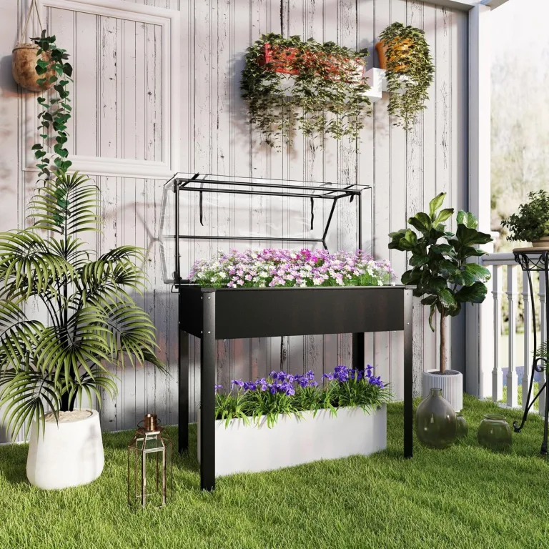 Outsunny Hochbeet mit Abdeckung, erhöhtes Kräuterbeet mit Ablauflöchern, Pflanzkasten aus Metall, wetterbeständig Gemüsebeet, Gartenbeet, Pflanzbeet für Garten, Balkon, 100 x 48 x 124 cm, Schwarz – Bild 2