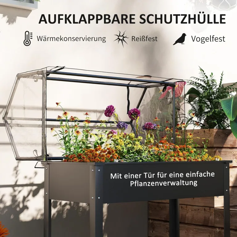 Outsunny Hochbeet mit Abdeckung, erhöhtes Kräuterbeet mit Ablauflöchern, Pflanzkasten aus Metall, wetterbeständig Gemüsebeet, Gartenbeet, Pflanzbeet für Garten, Balkon, 100 x 48 x 124 cm, Schwarz – Bild 3