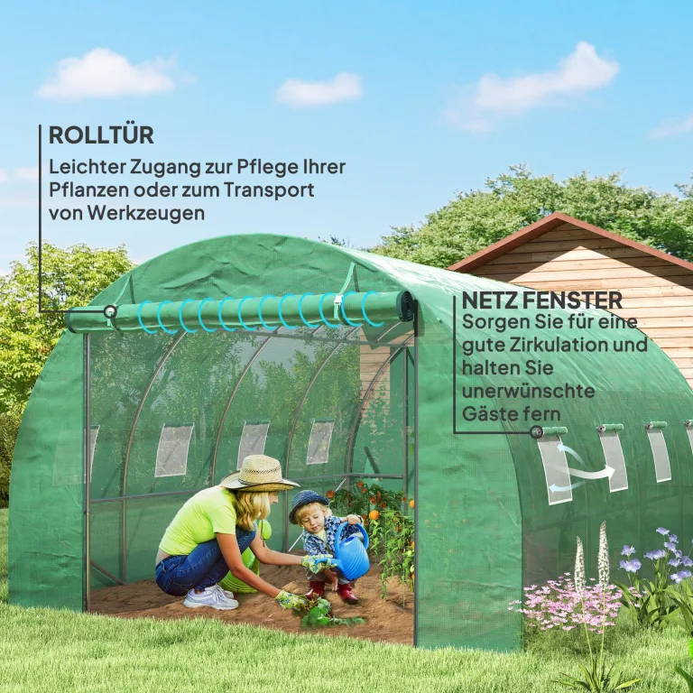 Outsunny Gewächshaus 300x400x200cm Foliengewächshaus Tomatenhaus mit Tür, 8 Fenster, Folientunnel aus verzinktem Stahl, 170g/m² PE, stabiles pflanztunnel, Treibhaus inkl. Erdanker & Seilen, Grün – Bild 5